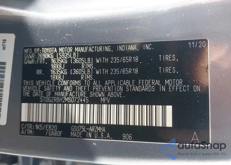 2021 Toyota Highlander Xle z USA, uszkodzony, nr VIN 5TDGZRBH2MS072445